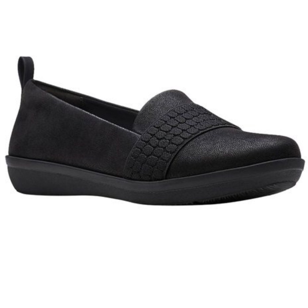 Clarks Women's Black Slip-On Loafer with Textured Strap